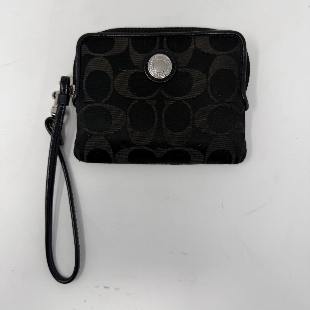 Coach Signature C Monogram Wristlet Wallet Black Canvas Leather Women OS